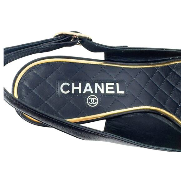 Chanel CC Logo Bow Black Gold Slingback Quilted Mary Jane Block Heels Loafers 38 - Picture 7 of 12